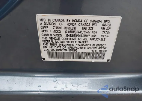 2006 Honda Ridgeline Rtl z USA, uszkodzony, nr VIN 2HJYK16576H567196